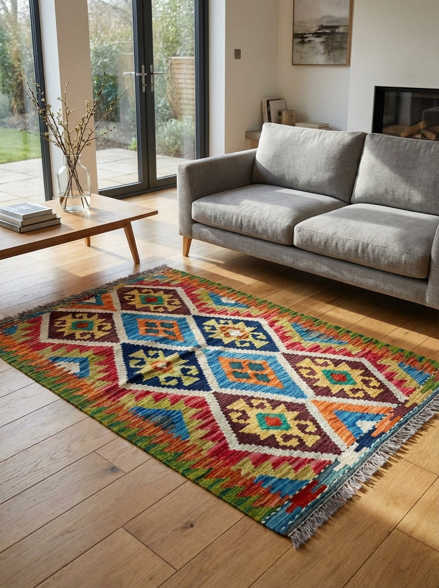 Kilim afghan posé dans un salon contemporain aux murs clairs, associé à des meubles aux lignes épurées et des matériaux naturels — bois et béton.