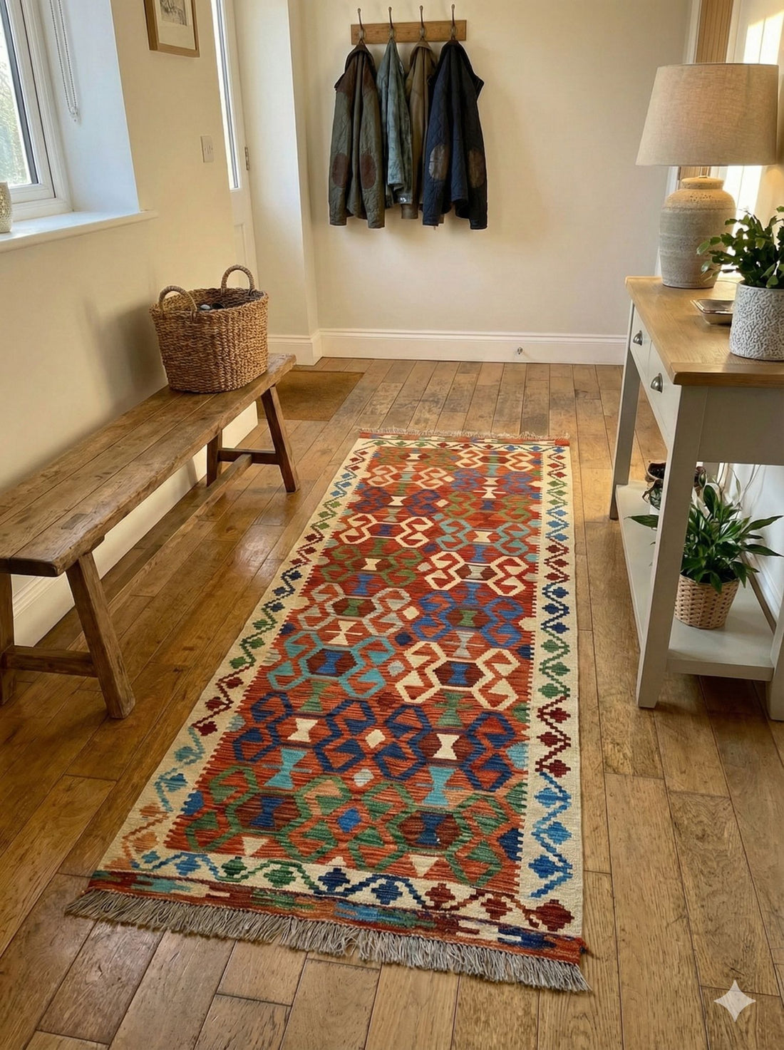 Kilim afghan fait main en laine naturelle, motifs géométriques traditionnels aux teintes terracotta et ivoire, tissé par des artisans du nord de l'Afghanistan.